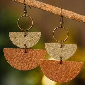 🆕️ Retro Semi-Circle Stitching PU Leather Drop Earrings.